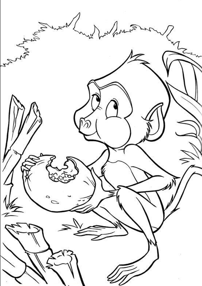 dla dzieci kolorowanka Tarzan Disney, obrazek z małpka wcinającą tropikalny owoc, malowanka do wydrukowania numer 19